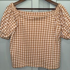 LOFT Gingham Off Shoulder Knit Sz S Brown White Square Neck Short Puff Sleeve‎